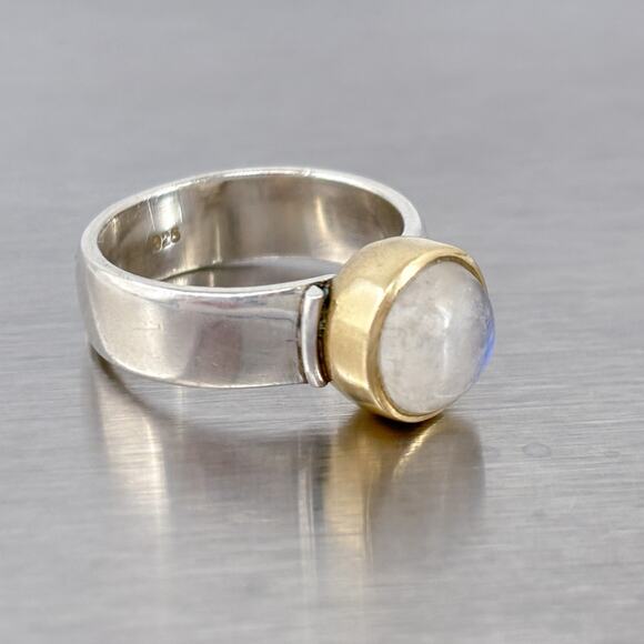 Rainbow Moonstone Gold Accent Bezel Ring | Sterling Silver 925 | Size 6 - Picture 12 of 15
